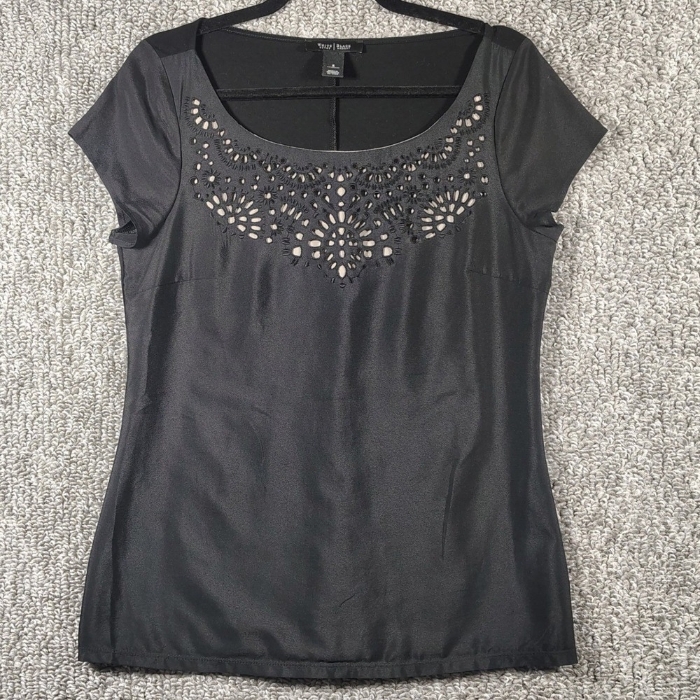 White House Black Market Top Black Eyelet Neckline Women Size S Soft Alt